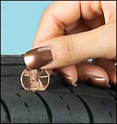 Picture of a hand holding a penny in the water channels of a tire