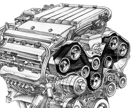 A pencil-drawn, well-shaded drawing of a V6 engine, with a cut-away of the timing belt cover showing the DOHC timing belt setup